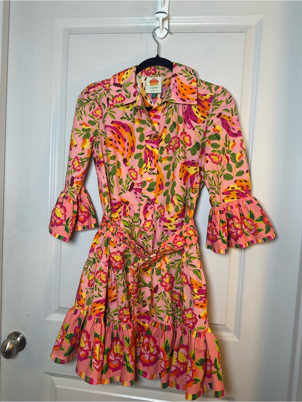 FARM RIO Painted Bananas Organic Cotton Ruffle Belted Mini Dress - Size XS - Picture 9 of 13
